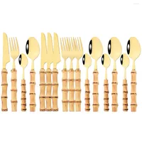 Dinnerware Sets 16Pcs Gold Bamboo Handle Cutlery Set 304 Stainless Steel Knife Fork Spoon Tea Tableware Kitchen Flatware