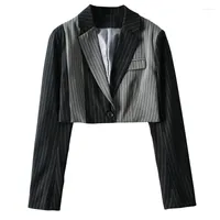 Women's Suits Vintage Stripe Blazer Women Casual Cropped Slong Sleeve Coat Streetwear Black Short 2023