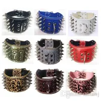 3 inch wide leather spiked studded dog collars leather pet collars chromed spikes for PitBull Mastiff large and medium breeds195S