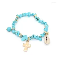 Strand Summer Charm Cross Shell Pendant Natural Blue Stone Bracelet For Women Unique Irregular Pearl Beads Link Chain Bohemia Bracelets