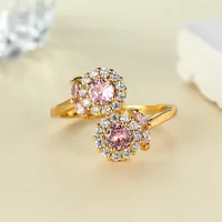 Wedding Rings Elegant Pink Zircon Sun Flower Ring Luxury Crystal Round Stone Opening Trendy Gold Color Engagement For Women Jewelry