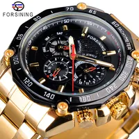 Forsining Golden Stainless Steel Three Dial Design Mens Racing Sport Automatic Wrist Watches Top Brand Luxury Relogio Mechanical2392