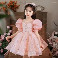 Girl Dresses Exquisite Princess Prom For Bow Appliques Puff Sleeve Kids Formal Ball Gown Pink Flower Wedding Party Vestidos