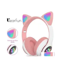 Headphones Earphones Flash Light Cute Cat Ears Wireless With Mic Can Control Led Kid Girls Stereo Phone Music Bluetooth Headset Ga Dhyiq