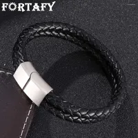 Charm Bracelets Punk Black Braided Leather Bracelet Men Jewelry Stainless Steel Magnetic Clasp Male Wristband Bangles FR0033