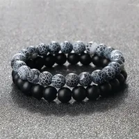 Strand 2 Pcs Matte Black Beaded Bracelet For Men And Women Nature Weathered Granite Suit Stretch Bracelets & Bangles Charm Jewelry Gift