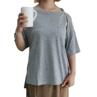 Women's T Shirts Strapless Oversized T-Shirts Summer Solid Color Round Neck Clothes Femme Pocket Open Short-Sleeved Y2k Tops