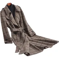 Women's Wool & Blends Double Face Flannel Women Fashion Elegant Plaid Long Coat Big Turn-down Collar Slim Sashes EU S-2XL Retail Wholesale