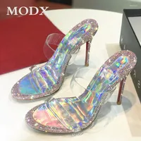Slippers Full Rhinestone Thin High Heel Sandals Female Mixed Color Transparent A Word With Crystal Shoes Mirror Glitter Sexy