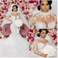Plus Size Arabic Aso Ebi Lace Beaded Mermaid Wedding Dress High Neck Sheer Neck Long Sleeves Vintage Sexy Bridal Gowns Dresses4733598