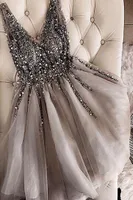 Gray Cocktail Dresses 2021 VNeck Sparkles Sequins Beading Tulle Short Prom Dresses Vestidos De Gala Women Graduation Gown Robe6439877