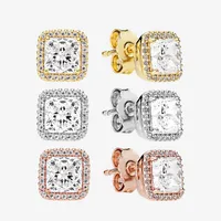 Square Sparkle Halo Stud Earrings Rose gold Yellow gold plated CZ diamond Jewelry for Pandora 925 Silver Earring with Original box289v
