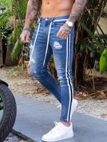 Men's Jeans Tight Bicyclist Damaged Durable Fit Denim Tears Side Stripes Pencil Pants Hip Hop Street Clothing S-3XL 230330