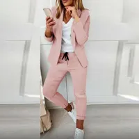 Women's Two Piece Pants 1 Set Stylish Formal Suit Outfit Blazer Trousers Long Sleeve Open Stitch Elastic Waist Ankle Tied
