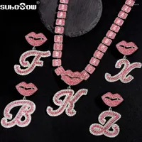 Chains HipHop Iced Out Pink Crystal Initial Pendant Necklace For Men Full Rhinestone Mouth Letter Baguette Chain Jewelry Gift