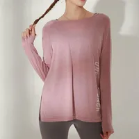 Active Shirts Ladies Yoga Sports Long Sleeve T-Shirt Letter Printing Quick-drying Loose Side Bandage Running Fitness O-neck Top
