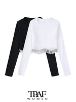 Women's Blouses Shirts TRAF Women Fashion With Rhinestone Tassel Crop Ribbed Knit Blouses Vintage O Neck Long Sleeve Female Shirts Blusas Chic Tops 230329