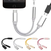 Braided Charger Audio Type C Adapters Cables 2 in 1 Earphone Headphones Jack Adapter Connector Cable 3.5mm Aux Headphone Cord For Samsung Android Phones