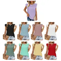 Womens T-Shirt Summer Ruffle Sleeve T-Shirt Smocked Shoulder Hollow-Out Dot Eyelet Casual Loose Fit Sleeveless Tank Top Blouses