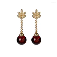 Stud Earrings 925 Sterling Silver Gold Plated Natural Blood Amber Personality Fashion Round Beads Earring Pendant For