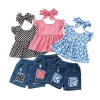 Clothing Sets FOCUSNORM 0-6Y Summer Kids Girls Clothes 3pcs Plaid Dot Floral Printed Sleeve T Shirts Tops Denim Shorts Headband