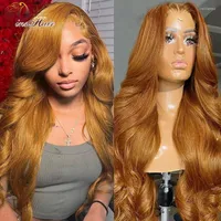 Ginger Brown Lace Front Human Hair Wigs For Women Blonde Frontal Wig Peruvian Remy #30 Colored Body Wave 180