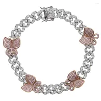 Bangle 10mm Miami Cuban Link Chain Rose Pink Butterfly Charm Iced Out CZ Women Bracelet 17CM 19cm