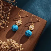 Dangle Earrings Vintage Court-style Ancient Gold Craft Inlaid Round Ball Turquoise For Women Crystal Exquisite Flowers Eardrop Jewelry