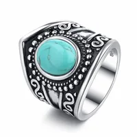 Cluster Rings Bohemia Turquoise Stones Vintage Carving Women Men White Gold Silver Color Jewelry Trendy Bands Finger Party Accessories