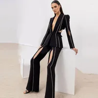 Women's Two Piece Pants Elegant Diamond-encrusted Long-sleeved Fashion Lapel Top Slimming Tight-fitting Long Hollow Wide-leg Lady Suit
