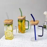Mugs 400ML Square Mug With Lids and Straws Single Colored Handle Layer Drinking Glass Cups For Soda Iced Coffee Milk Bubble Tea Water W0331