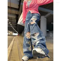 Women's Jeans Summer High Street Jean Streetwear Straight Pants Ladies Ripped Hole Waist Loose Wide Leg Y2K 929EP