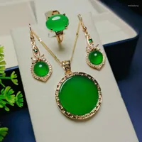 Pendant Necklaces Jade Jewelry Set Women Accessories Natural Green Jades Round With Emerald Zircon Dangle Earrings Rings Jewellery Sets