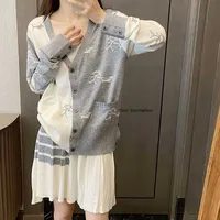 Fashion Brand Tb Women's Sweaters New Contrast Color Jacquard Matchmaker Walking Dog Splice Craft Sheep Style Wool V-Neck Cardigan