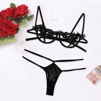 Bras Sets Sexy Women's Underwear Lingerie Set Lace Temptation Rose With Steel Ring G-string Thong Plus Size