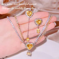 Necklace Earrings Set Foydjew Sweet Cool Style Women Luxury Pink Yellow Zircon Necklaces Exquisite Love Heart Asymmetric Drop