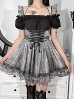 Casual Dresses Women Dark Gothic Mini Dress Lolita Style Vintage Mesh Girl Lace Up Strap Summer Y2k Harajuku Partywear High Waist