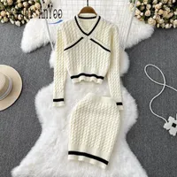 Work Dresses Autumn Winter Knitted Two Piece Sets Womens Outifits Long Sleeve V-Neck Twist Sweater Tops And Mini Bodycon Skirt