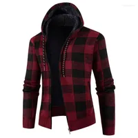 Men's Sweaters 2023 Autumn Korean Hooded Men's Sweater With Thick And Velvet Cardigan Knitted Coat Grid Jacket Male M-3XL
