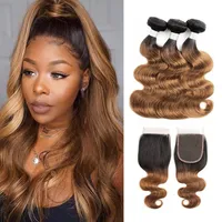Ombre Brown Hair Bundles With Closure 1B 30 Dark Roots Peruvian Body Wave Hair 3 Bundles With 4x4 Lace Closure Remy Hair Extension237T