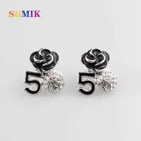Stud Earrings Arrival Black Letters 5 Flowers Camellia White Rhinestone Earring