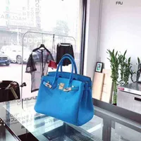 Designer Handbags Birkin Bags Herms Tote Top Quality Birkins Sky Blue Lychee Pattern Head Leather Platinum Womens Bright Soft Handbag Si Have Logo Frj
