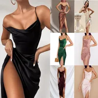Casual Dresses Sexy Knee-length Sleeveless Evening Dress 2023 Summer Fashion Women's Elegant Slit Pleated Solid Color Suspender
