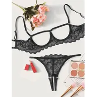 Bras Sets Open Cups Bra Set Lace Sexy Erotic Lingerie Women Underwear Porn Dress Exposed With Crotch Panties Brief