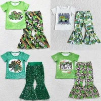 New Design Baby Girls Clothes Short Sleeve Bell Bottom Outfits Happy St. Patrick's Day Boutique Girls Clothing Sprint Kids Set P230331