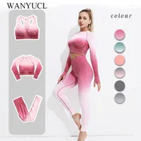 Active Sets WANYUCL Women Yoga Set Seamless Leggings Long Sleeve Crop Top Sports Bra Running Pants Gym Clothing Fitness Workout Suit