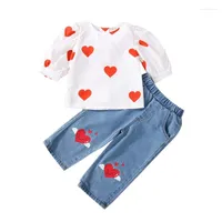 Clothing Sets Baby Kid Girls Pants Set Short Sleeve Heart Print Tops With Elastic Waist Jeans Casual Outfit Autumn Cotton Children's