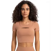 Active Shirts Women Ribbed Short Sleeve Yoga Shirt Built In Shelf Bra Padded Fitness Crop Top Female Cut Out Round Neck Workout Gym T-shirt