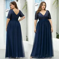 Women's Plus size Dresses Sequins grenadine Floor-Length Dresses Knee-Length dinner party navy blue V-neck grenadine lace Eve177C