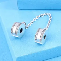 Solid 925 Sterling Silver Signature with Clear CZ Clip Safety Chain Charm Fits European Pandora Style Jewelry Bead Bracelets